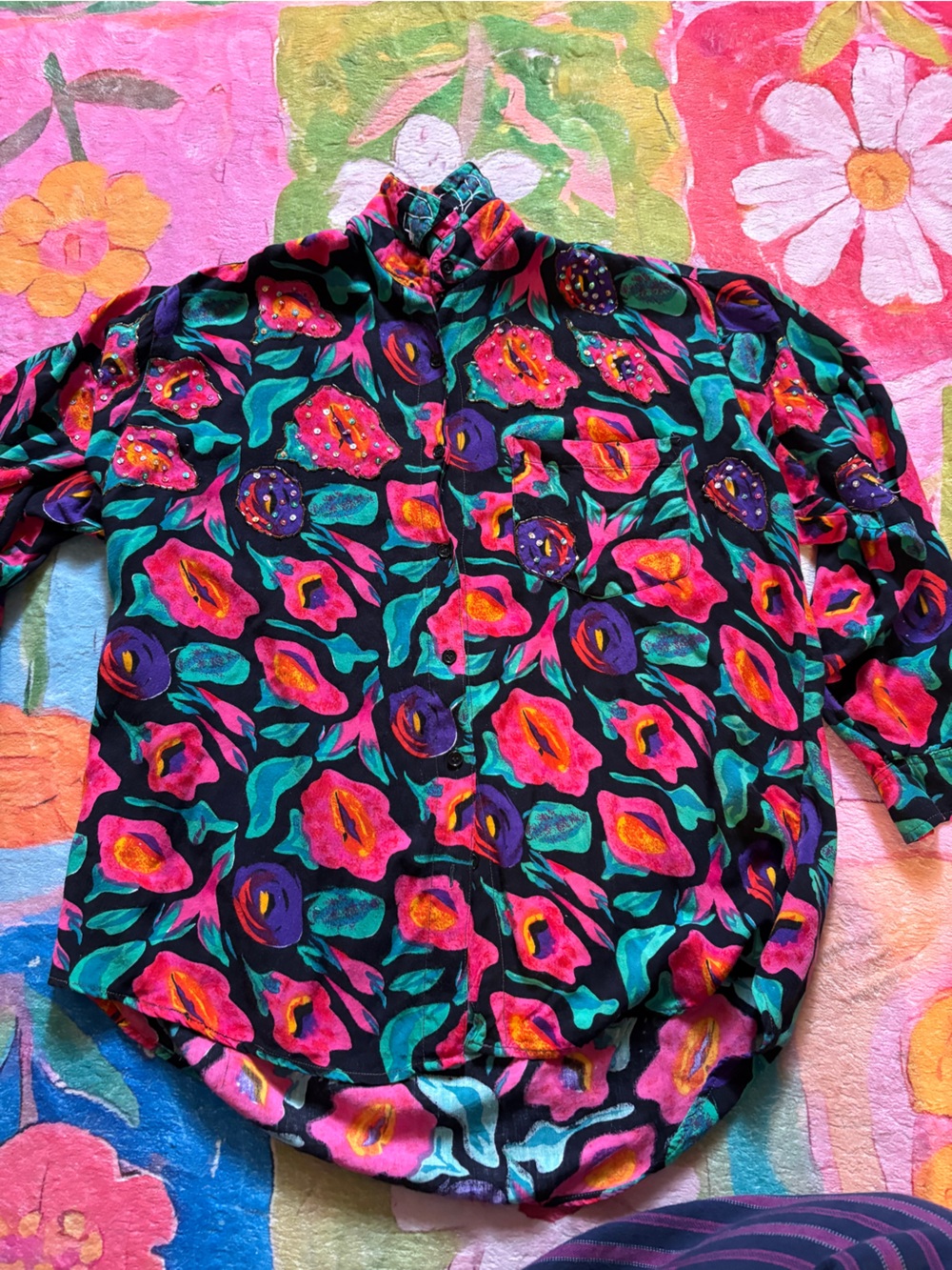Vintage 80s 90s Abstract Floral Oversized Button Down Shirt L/XL - Bright Bold